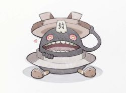 1boy dondoro heart monster no_humans open_mouth pot red_eyes sitting talisman teeth white_background youkai_watch