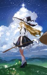 Rule 34 | 1girl, :d, absurdres, apron, axleaki, black hat, black shoes, black skirt, black vest, blonde hair, bow, braid, broom, chinese commentary, cloud, commentary, commentary request, cumulonimbus cloud, day, english commentary, frilled skirt, frills, full body, grass, hair between eyes, hat, hat bow, highres, holding, holding broom, kirisame marisa, light particles, light trail, long hair, looking at viewer, mixed-language commentary, open mouth, outdoors, plant, puffy short sleeves, puffy sleeves, shirt, shoes, short sleeves, sketch, skirt, sky, smile, socks, solo, standing, star (sky), star (symbol), starry sky, touhou, two-sided fabric, two-sided headwear, vest, waist apron, white apron, white bow, white hat, white shirt, white socks, wind, witch hat, yellow eyes