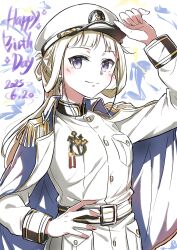 Rule 34 | 1girl, adjusting clothes, adjusting headwear, aiguillette, belt, birthday, blonde hair, blue cape, blush, breast pocket, breasts, buttons, cape, character name, closed mouth, coat, coat on shoulders, dated, eda udon, english text, epaulettes, hand on headwear, hand on own hip, happy birthday, hat, highres, jacket, jacket on shoulders, long hair, long sleeves, looking at viewer, medal, military, military hat, military jacket, military uniform, naval uniform, nogi wakaba, nogi wakaba wa yuusha de aru, peaked cap, pocket, ponytail, purple eyes, sidelocks, smile, solo, upper body, white background, white belt, white coat, white jacket, yuusha de aru