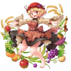 1girl aki_minoriko apple apron arinu barefoot black_skirt blonde_hair blush breasts food food_request fruit game_cg grape_hat_ornament grapes hakurei_frontier_spell_strive hat leaf long_sleeves mob_cap official_art open_mouth orange_apron persimmon red_eyes red_hat skirt smile solo sweet_potato third-party_source toes touhou transparent_background wheat wide_sleeves