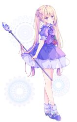Rule 34 | 1girl, absurdres, blonde hair, blush, closed mouth, dress, frilled sleeves, frills, full body, hand up, highres, holding, holding staff, long hair, looking at viewer, original, purple dress, purple eyes, purple shoes, shoes, short sleeves, solo, staff, standing, tsukiyo (skymint), twintails, very long hair, white background