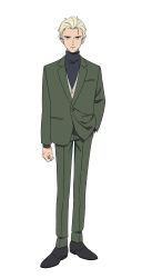 1boy black_shirt black_shoes blonde_hair blue_eyes char_aznable dress_shoes formal_clothes full_body green_pants green_suit grey_vest gundam gundam_gquuuuuux hair_slicked_back hand_in_pocket highres looking_at_viewer male_focus official_art pants shirouzu_(gundam) shirt shoes short_hair simple_background solo standing suit transparent_background turtleneck turtleneck_shirt vest