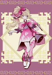 Rule 34 | 1girl, anastasia (brown dust), asymmetrical legwear, bell, blonde hair, blue eyes, boots, breasts, brown dust (series), brown dust 2, chinese clothes, closed mouth, dress, eyebrows hidden by hair, full body, hair between eyes, hair ribbon, hair tie, hand fan, highres, holding, holding fan, looking to the side, makeup, meander, neck ribbon, paper fan, pink boots, pink dress, pink thighhighs, purple background, ribbon, side ponytail, small breasts, smile, solo, standing, standing on one leg, thighhighs, tn scallion, two-tone footwear, white footwear