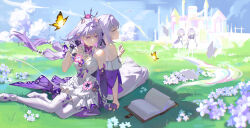 Rule 34 | 2girls, absurdres, age comparison, bare shoulders, black tiara, book, bug, butterfly, castorice (honkai: star rail), closed eyes, dress, elbow gloves, flower, gloves, hair flower, hair ornament, highres, honkai: star rail, honkai (series), insect, long hair, multiple girls, on grass, open book, pointy ears, polyxia (honkai: star rail), purple eyes, purple gloves, purple hair, siblings, sisters, tiara, white dress, yan huai an