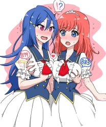 2girls blue_eyes blue_hair blush breasts bubupan grabbing_another&#039;s_breast grabbing_from_behind groping hair_ornament hairclip highres kiss lapis_re:lights large_breasts long_hair multiple_girls purple_eyes red_hair rosetta_(lapis_re:lights) saliva saliva_trail school_uniform simple_background tiara_(lapis_re:lights)