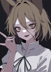Rule 34 | 1girl, \n/, animal ears, bow, brown eyes, brown hair, dark background, fang, fox girl, highres, kudamaki tsukasa, looking at viewer, open mouth, portrait, romper, simple background, skin fang, slra, smile, solo, touhou, white romper