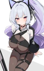 1girl absurdres animal_ear_headphones animal_ears axent_wear black_choker black_shorts bodysuit breasts brown_bodysuit cat_ear_headphones choker cleavage commentary_request commission covered_navel fake_animal_ears headphones highres korean_commentary large_breasts long_hair long_sleeves looking_at_viewer micro_shorts multicolored_hair original ponytail purple_hair red_eyes second-party_source see-through_cleavage see-through_clothes shorts shrug_(clothing) simple_background sitting skindentation smile solo thigh_strap two-tone_hair very_long_hair w.k white_background white_hair white_shrug