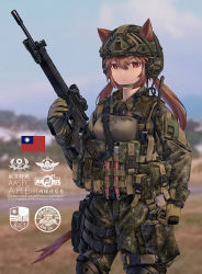 1girl animal_ears assault_rifle blurry blurry_background brown_hair bulletproof_vest camouflage camouflage_jacket camouflage_pants chestnut_mouth chin_strap chinese_commentary chinese_text combat_helmet commentary_request cowboy_shot ears_through_headwear fang_zhenjun gloves green_gloves gun hair_between_eyes headphones helmet holding holding_gun holding_weapon holster jacket long_hair looking_at_viewer military military_combat_uniform military_uniform original pants photo_background pouch red_eyes republic_of_china_flag rifle scope soldier solo standing tactical_clothes taiwan thigh_holster thigh_pouch translation_request twintails very_long_hair weapon weapon_request