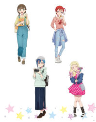 4girls artbook bag blonde_hair blue_eyes blue_hair bow brown_hair camera cellphone clothes_around_waist denim dress food full_body green_eyes hair_between_eyes hair_bun hat highres holding hood hoodie jacket jeans jewelry long_hair looking_at_viewer love_live! love_live!_superstar!! multicolored_hair multiple_girls non-web_source official_art one_eye_closed onitsuka_natsumi open_mouth orange_eyes overalls pants phone pink_eyes red_hair sakurakoji_kinako shirt shoes short_hair skirt smartphone smile sneakers socks standing star_(symbol) torn_clothes torn_pants twintails wakana_shiki white_background yoneme_mei
