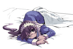 1girl brown_hair female_focus glasses kubocha long_hair looking_at_viewer lying maid original smile solo