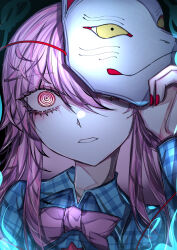 1girl 33_gaff blue_fire blue_shirt bow bowtie close-up collared_shirt commentary fire hand_up hata_no_kokoro holding holding_mask looking_at_viewer mask one_eye_covered parted_lips pink_bow pink_bowtie pink_hair plaid_clothes plaid_shirt red_nails ringed_eyes shirt solo touhou wide-eyed