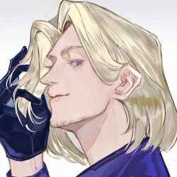 1boy axis_powers_hetalia blonde_hair facial_hair france_(hetalia) gloves goatee_stubble highres looking_at_viewer male_focus portrait purple_eyes short_hair simple_background smile solo stubble wanlaijuji132 white_background
