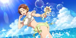 1girl ass bad_tag beach bead_bracelet beaded_bracelet beads bikini bikini_bottom bikini_top bleach bleach:_sennen_kessen-hen bleach_brave_souls blue_sky bow bracelet breasts brown_eyes brown_hair bubble bubble_wand cloud day female female_focus flower frilled_bikini frills green_bikini hair_flower hair_ornament hairclip highres holding in_water jewelry lens_flare light_rays looking_at_viewer masaki_kurosaki medium_breasts narrow_waist ocean off_shoulder official_art one_eye_closed open_mouth orange_hair outdoors ribbon shiny_skin short_hair side-tie_bikini_bottom sky smile solo solo_focus sparkle splashing standing standing_in_water summer sun sunflower sunflower_hair_ornament sunlight swimsuit swimwear wand water water_splash widescreen wink