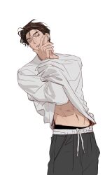 Rule 34 | 1boy, black panties, brown hair, cowboy shot, green eyes, grey pants, hand on own face, hh723hh, highres, long sleeves, looking to the side, male focus, navel, open mouth, original, panties, pants, parted bangs, short hair, simple background, solo, sweatpants, teeth, toned, toned male, underwear, white background, white sleeves