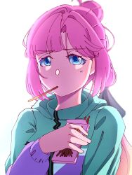 1girl absurdres ahoge anyoji_hime anyoji_hime_(winter_training_wear) aqua_jacket backlighting black_ribbon blonde_hair blue_eyes blunt_bangs commentary food food_in_mouth gradient_hair hair_intakes hair_ribbon highres hood hooded_jacket jacket link!_like!_love_live! long_hair long_sleeves looking_at_viewer love_live! mouth_hold multi-tied_hair multicolored_hair multicolored_jacket official_alternate_costume pink_hair piririi pocky pocky_in_mouth ponytail purple_jacket ribbon sidelocks simple_background solo two-tone_jacket upper_body virtual_youtuber white_background
