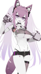 1girl :d android breasts colored_skin commission glasses hair_ornament hairclip highres joints large_breasts long_hair looking_at_viewer mechanical_ears mechanical_tail nanatsuki_sousuke open_mouth original purple_eyes purple_hair robot_joints short_shorts shorts skeb_commission smile solo tail teeth twintails upper_teeth_only very_long_hair white_background white_skin