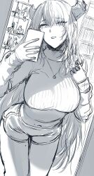 1girl asymmetrical_horns breasts cellphone commentary demon_horns dolphin_shorts english_commentary figure greyscale hews highres holding holding_phone hololive hololive_english horns indoors jewelry large_breasts long_hair long_sleeves mirror mole mole_under_eye monochrome navel necklace nerissa_ravencroft parted_lips phone playing_with_own_hair reflection ribbed_sweater ring ring_necklace selfie shelf shorts sketch sleeves_past_wrists smartphone solo sweater thighhighs thighs uneven_horns unfinished virtual_youtuber