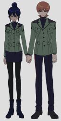 Rule 34 | anyaaa66, boots, brown hair, full body, green eyes, grey background, gundam, gundam gquuuuuux, hair bun, highres, holding hands, jacket, leggings, long sleeves, military jacket, military uniform, mole, mole under mouth, multicolored eyes, nyaan (gundam gquuuuuux), pants, purple eyes, purple hair, shoes, simple background, single hair bun, skirt, standing, turtleneck, two-tone eyes, xavier olivette, yellow eyes
