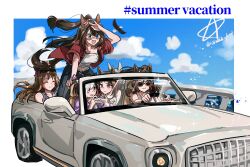 Rule 34 | 6+girls, animal ears, bird, blue eyes, blush, breasts, brown hair, car, closed eyes, closed mouth, cloud, crop top, day, denim, domino mask, driving, el condor pasa (umamusume), english text, eyewear on head, floating hair, glint, golden generation (umamusume), grass wonder (umamusume), hashtag, highres, holding, holding phone, horse ears, horse girl, horse tail, jacket, jeans, king halo (umamusume), long hair, mask, motor vehicle, multiple girls, navel, open mouth, outdoors, pants, phone, pink eyes, ponytail, red jacket, seiun sky (umamusume), shading eyes, shirt, short hair, sitting, small breasts, smile, special week (umamusume), star (symbol), strapless, strapless shirt, sunglasses, tail, tank top, tsurumaru tsuyoshi (umamusume), twitter username, umamusume, unseuking0427, v-shaped eyebrows
