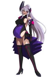 1girl aoi_tabane areola_slip big_belly black_gloves black_thighhighs blush boots breasts commission corruption cosplay covered_erect_nipples dark_persona elbow_gloves full_body gloves grey_hair headgear high_heel_boots high_heels highres kouyoku_senki_exs-tia large_breasts leotard long_hair looking_at_viewer open_mouth pixiv_commission ponytail pregnant purple_eyes red_eyes rextia_mei rextia_mei_(cosplay) rieszverne_suzette_paladill sideboob simple_background smile solo standing tachi-e thigh_boots thighhighs transparent_background variant_set very_long_hair
