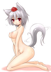 1girl animal_ears bad_feet barefoot blush breasts female_focus full_body hat inubashiri_momiji kneeling looking_at_viewer navel nipples nude open_mouth perky_breasts red_eyes short_hair silver_hair simple_background sitting solo tail tail_wagging tokin_hat touhou v_arms wariza white_background wolf_ears wolf_tail yamada_gyuugo