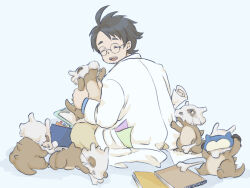 Rule 34 | 1boy, ahoge, animal, beard stubble, black hair, bone, clipboard, closed eyes, coat, commentary request, cubone, enodin, eye cover, facial hair, gen 1 pokemon, holding, holding animal, holding bone, lab coat, professor neroli, nintendo, notebook, open mouth, pokemon, pokemon (creature), pokemon sleep, round eyewear, sitting, skull, sleeping, smile, stubble, white coat