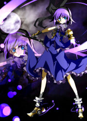 1girl alternate_color black_background black_hairband blue_eyes cloud dress emblem energy_sword frilled_dress frills full_body full_moon hairband holding holding_sword holding_weapon konpaku_youmu light_particles looking_at_viewer m.u.g.e.n mechanical_shoes moon purple_dress purple_hair purple_shirt purple_vest sarashina_(mugen) shiki_(gjmatpw) shirt solo sword touhou vest weapon