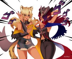 2girls absurdres animal_ears by_nearreya chasca_(genshin_impact) dark-skinned_female dark_skin genshin_impact hat highres jaguar_tail jojo_no_kimyou_na_bouken jojo_pose multiple_girls pointy_ears short_shorts shorts simple_background skirt tail xilonen_(genshin_impact)