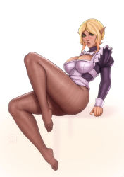 blonde_hair blush breasts brown_pantyhose cleavage elf feet freli full_body green_eyes highres maid pantyhose pointy_ears sitting solo thighs