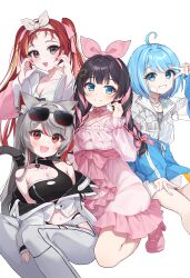 4girls :d ahoge akane_lize animal_ear_fluff animal_ears arahashi_tabi bare_shoulders black_hair blonde_hair blue_eyes blue_hair blue_jacket bow breasts cat_ears cat_girl cat_tail chobi_(penguin_paradise) cleavage closed_mouth collarbone commentary_request dress eyewear_on_head frilled_dress frills grey_eyes grey_hair grey_hairband grey_pants grey_ribbon grin hair_bow hair_ornament hairband heart heart_hair_ornament highres jacket long_hair long_sleeves looking_at_viewer medium_breasts multicolored_hair multiple_girls nail_polish navel neneko_mashiro open_clothes open_jacket open_mouth pants pink_bow pink_dress pink_hairband pink_jacket pink_ribbon pink_shoes red_eyes red_hair red_nails ribbon shirayuki_hina shoes simple_background sleeves_past_wrists smile stellive streaked_hair sunglasses tail twintails v v_over_eye very_long_hair white_background white_jacket wide_sleeves
