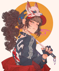 1girl absurdres baseball_cap belt_collar bracelet breasts brown_hair brown_nails closed_mouth clothes_pull collar commentary dagger ear_piercing earrings elliemaplefox english_commentary eyelashes facial_scar fingerless_gloves fox_mask from_side gloves grey_collar grey_gloves grey_hat grey_jacket hat highres holding holding_dagger holding_knife holding_weapon jacket jewelry knife lips long_hair looking_at_viewer looking_back mask mask_on_head medium_breasts orange_eyes original piercing ponytail red_jacket scar scar_on_cheek scar_on_face simple_background solo stud_earrings weapon white_background yellow_circle