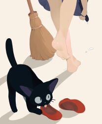 1girl absurdres barefoot black_cat blue_dress broom cat dress feet feet_only foot_focus highres jiji_(majo_no_takkyuubin) kiki_(majo_no_takkyuubin) leaning_forward lower_body majo_no_takkyuubin menthako red_footwear shadow shoes unworn_shoes simple_background soles standing standing_on_one_leg tan_background toes water_drop wet wet_clothes