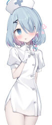 1girl :p absurdres arona_(blue_archive) blue_archive blue_hair blue_halo blush braid colored_inner_hair commentary_request dress gloves hair_ornament hair_over_one_eye hairclip halo hanasaki_rin hat heart highres looking_at_viewer multicolored_hair nurse nurse_cap pink_hair pointy_ears puffy_short_sleeves puffy_sleeves short_sleeves simple_background solo tongue tongue_out two-tone_hair white_background white_dress white_gloves