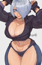 1girl absurdres angel_(kof) backless_pants blue_eyes bra breasts chaps cleavage crop_top cropped_jacket fingerless_gloves gabriel_ales gloves hair_over_one_eye highres jacket large_breasts leather leather_jacket looking_at_viewer midriff navel panties pants short_hair smile snk solo strapless strapless_bra the_king_of_fighters the_king_of_fighters_xiv toned toned_female tongue tongue_out underwear white_hair