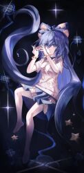 1girl 2teaq absurdres barefoot black_hair blue_bow blue_eyes blue_hair blue_ribbon blue_skirt bow bowl bracelet cracked_bowl full_body gold_bracelet grey_sweater hair_bow highres holding holding_bowl jewelry knees light_blush long_hair miniskirt ofuda ofuda_on_clothes parted_lips ribbon skirt solo sparkle star_(symbol) sweater touhou very_long_hair yorigami_shion