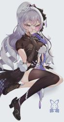 1girl absurdres adjusting_eyewear adjusting_glasses artist_logo asymmetrical_legwear black_dress black_footwear black_gloves black_thighhighs breasts bronya_zaychik bronya_zaychik_(heart_of_the_night) bronya_zaychik_(silverwing:_n-ex) china_dress chinese_clothes dress elbow_gloves female_focus glasses gloves grey_eyes hair_between_eyes hair_ornament hair_ribbon high_heels highres honkai_(series) honkai_impact_3rd logo long_hair looking_at_viewer looking_over_eyewear looking_over_glasses mihoyo mismatched_legwear official_alternate_costume pink-tinted_eyewear pink-tinted_glasses ponytail purple-tinted_eyewear purple-tinted_glasses ribbon rimless_eyewear round_eyewear silver_hair simple_background sunglasses tagme thighhighs thighs tinted_eyewear very_long_hair white_background