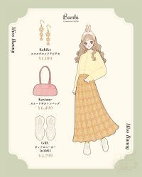 1girl animal_ear_hairband animal_ears bambi_(movie) copyright_name fake_animal_ears full_body hairband highres humanization long_hair long_sleeves looking_at_viewer meecosme miss_bunny rabbit_ears shirt skirt smile wavy_hair white_background