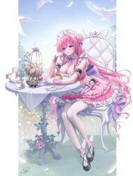 1girl aeon_ion alternate_costume apron armband bird black_shoes bow breasts character_doll cleavage doll dorothy_(nikke) enmaided frilled_armband frills full_body gloves goddess_of_victory:_nikke hair_bun high_heels highres large_breasts long_hair maid maid_apron maid_headdress on_chair outdoors parted_lips pigeon pink_bow pink_hair pink_skirt pinne_(nikke) shoes single_hair_bun sitting skirt smile solo very_long_hair white_bird white_gloves