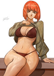 1girl arm_support artist_name bikini breasts brown_eyes cleavage clothes_lift gell0829 highres large_breasts legs lifting_own_clothes looking_at_viewer mature_female mcdonald&#039;s navel orange_hair orange_lips red_bikini short_hair sitting smile sweater sweater_lift swimsuit thighs yoru_mac
