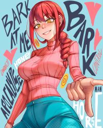 1girl absurdres alternate_costume blue_background blue_pants blush braid braided_ponytail breasts casual chainsaw_man commentary constricted_pupils cowboy_shot dilan_griz english_commentary english_text hair_over_shoulder highres large_breasts long_hair long_sleeves looking_at_viewer makima_(chainsaw_man) pants parted_lips pink_sweater pointing pointing_at_viewer red_hair ribbed_sweater ringed_eyes smile solo sweater taut_sweater turtleneck turtleneck_sweater yellow_eyes