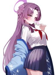 1girl absurdres blue_archive blue_haori blush closed_mouth drawing_flover flower food food_in_mouth food_request forehead hair_flower hair_ornament haori highres holding holding_food japanese_clothes long_hair looking_at_viewer neckerchief parted_bangs pleated_skirt purple_eyes purple_flower purple_hair red_neckerchief shirt skirt solo white_shirt yukari_(blue_archive)