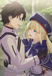 1boy 1girl artoria_caster_(fate) artoria_caster_(second_ascension)_(fate) artoria_pendragon_(fate) blonde_hair blue_bow blue_bowtie blue_cape blue_eyes blue_hat bow bowtie cape command_spell commentary_request commission crying crying_with_eyes_open dress eye_contact fate/grand_order fate_(series) fujimaru_ritsuka_(male) fujimaru_ritsuka_(male)_(decisive_battle_chaldea_uniform) green_eyes hat highres jacket long_hair long_sleeves looking_at_another official_alternate_costume pants profile short_hair skeb_commission tears white_dress white_jacket white_pants yu_sakae