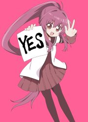 1girl absurdres black_pantyhose blush brown_eyes highres long_hair looking_at_viewer nanamori_school_uniform okaasan_(okaasandx) open_mouth pantyhose pink_background ponytail purple_hair school_uniform simple_background smile solo sugiura_ayano w yes yuruyuri