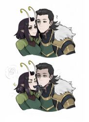 1boy 1girl absurdres alien animification antennae avengers_(series) black_hair closed_mouth guardians_of_the_galaxy highres kiss loki_(marvel) long_hair mantis_(marvel) marvel marvel_cinematic_universe marvel_rivals masoq open_mouth short_hair simple_background smile superhero_costume tongue