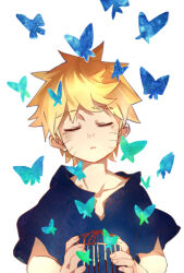 1boy aged_down birdcage blonde_hair blue_shirt bug butterfly cage child closed_mouth commentary english_commentary facial_mark holding insect ly124739898 male_focus naruto_(classic) naruto_(series) shirt short_hair short_sleeves solo spiked_hair uzumaki_naruto whisker_markings