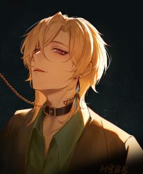 Rule 34 | 1boy, absurdres, aventurine (honkai: star rail), black background, blonde hair, brown jacket, chain, chain leash, chinese commentary, collar, collared shirt, commentary request, heibai bangbing, highres, honkai: star rail, honkai (series), jacket, leash, licking lips, looking at viewer, male focus, multicolored eyes, shirt, solo, tattoo, tongue, tongue out, upper body