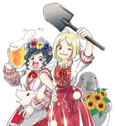 2girls 2others alcohol alternate_hairstyle animal anonymous_(japanese) arm_up beer beer_mug blush bob_cut bow breasts chest_bow collar cup drill_hair drill_sidelocks fang fish flower frilled_collar frills hand_up happy holding holding_animal holding_cup holding_fish holding_shovel homunculus_loxodontus japanon kraken_(japanon) long_skirt looking_at_viewer marichka medium_breasts mug multiple_girls multiple_others one_eye_closed open_mouth original puffy_short_sleeves puffy_sleeves red_sash red_skirt ribbon russo-ukrainian_war sash schweinokaras shiny_eyes short_hair short_sleeves shovel sidelocks skirt slavic_clothes sunflower teeth traditional_dress transparent_background ukraine ukrainian_clothes upper_teeth_only v-shaped_eyebrows vinok vyshyvanka waist_sash