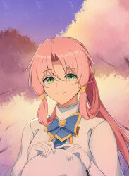 1girl absurdres aria_(manga) aria_company_uniform beret blue_bow blue_bowtie blue_sky bow bowtie breasts cherry_blossoms closed_mouth eyelashes gloves gold_trim green_eyes hair_rings hair_tubes hands_up hat highres holding holding_unworn_clothes holding_unworn_hat long_hair long_sleeves looking_at_viewer mizunashi_akari night night_sky official_alternate_hairstyle outdoors parted_bangs pink_hair ponytail reinaz shadow signature sky smile solo star_(sky) starry_sky unworn_hat unworn_headwear upper_body very_long_hair white_gloves winter_uniform