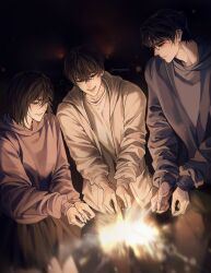 Rule 34 | 1girl, 2boys, :d, :|, black hair, black shirt, closed mouth, coat, commentary, english commentary, expressionless, fireworks, glowing, grin, hair between eyes, han sooyoung, highres, holding, holding fireworks, hood, hood down, hoodie, kim dokja, light particles, long sleeves, looking at object, medium hair, multiple boys, night, omniscient reader&#039;s viewpoint, open mouth, red hoodie, rorynans, shirt, short hair, smile, sparkler, white coat, white shirt, yoo joonghyuk