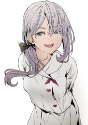 1girl :d absurdres alternate_hair_color black_bow blue_eyes bow breasts commentary_request grey_hair hair_bow highres jacket long_sleeves looking_at_viewer love_live! love_live!_superstar!! low_side_ponytail medium_breasts open_mouth pleated_skirt side_ponytail skirt smile solo teeth tommer white_jacket white_skirt wien_margarete&#039;s_sister